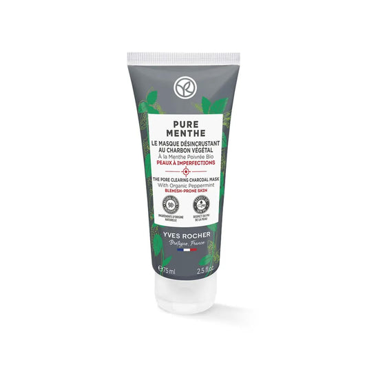 Yves Rocher Pure Menthe Purifying Charcoal & Peppermint Mask – Deep Cleansing, Oil Control & Blackhead Removal Absorbs Excess Sebum for Matte, Clear Skin – 75ml / 2.5 fl.oz.