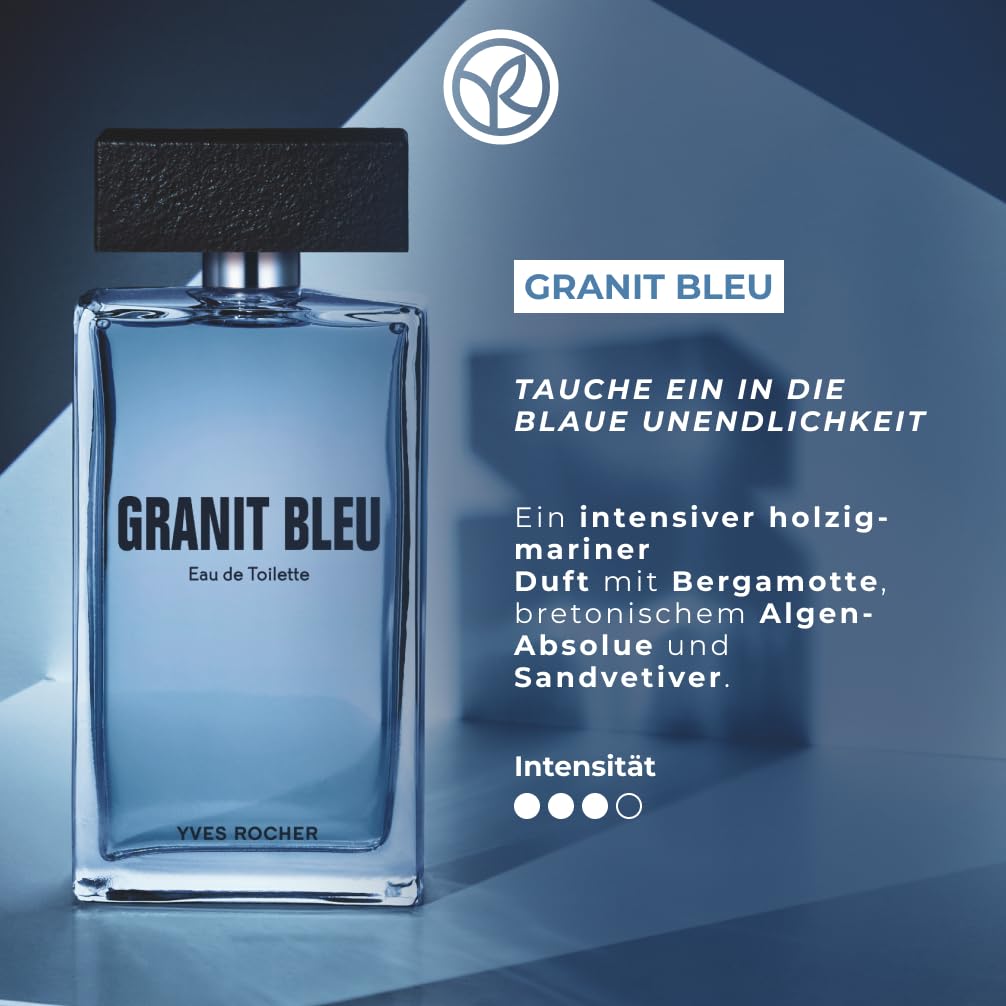 Yves Rocher Granit Bleu Eau de Toilette for Men Long Lasting Fragrance 100 ml./3.3 fl.oz.