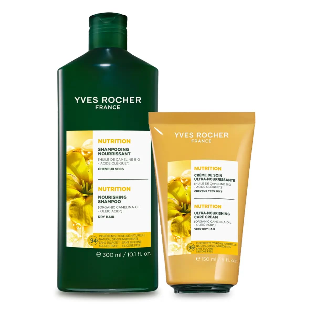 Yves Rocher Intensively Nourishing Hair Shampoo and Leave in Cream Set of 2 Camelina Oil All Hair Types 300 ml./ 10.1 150 ml./5 fl.oz. fl.oz Set of 2 Best Gift Kit