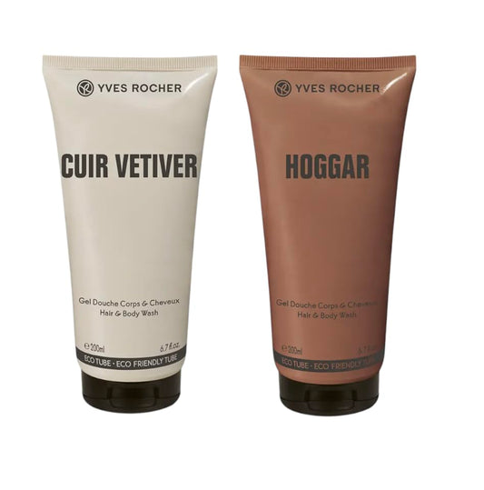 Yves Rocher Cuir Vetiver Hoggar Set of 2 Shampoo Perfumed Shower Gel Men's All-in-One Cleansing Gentle Skin Daily Use Long-Lasting Fragrance Best Gift Kit - 200ml./6.7flOz