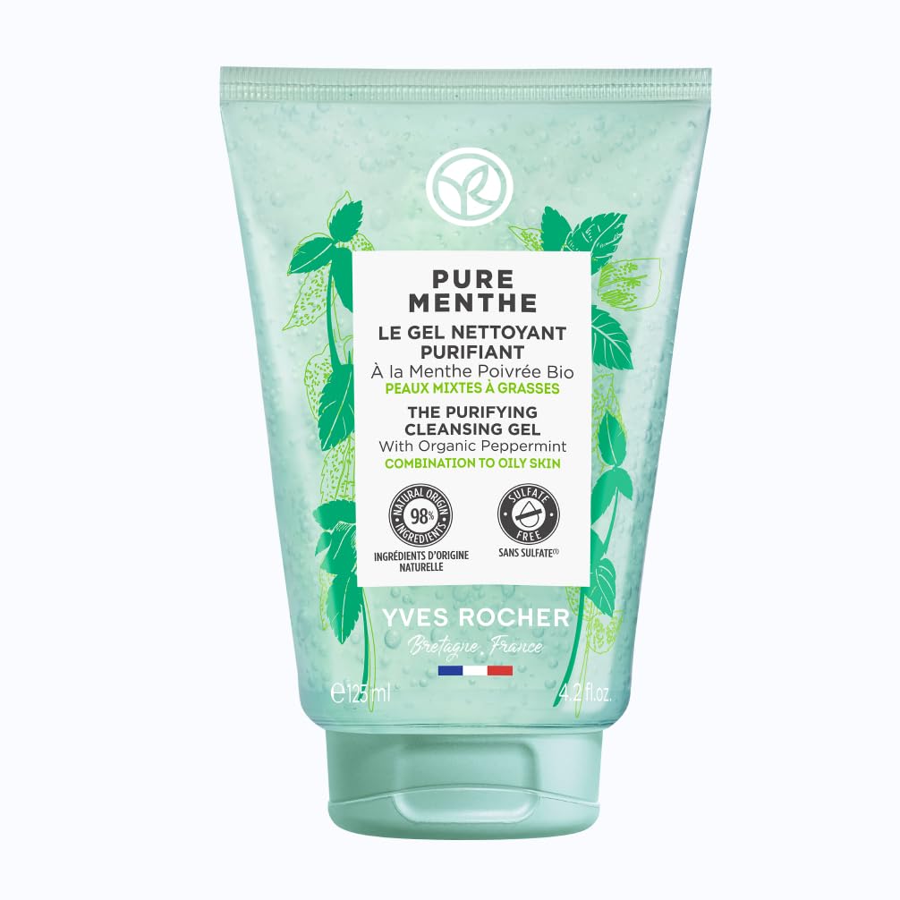 Yves Rocher Purifying Cleansing Gel for Combination to Oily Skin – Pure Menthe – 4.2 Oz – 1 Ct