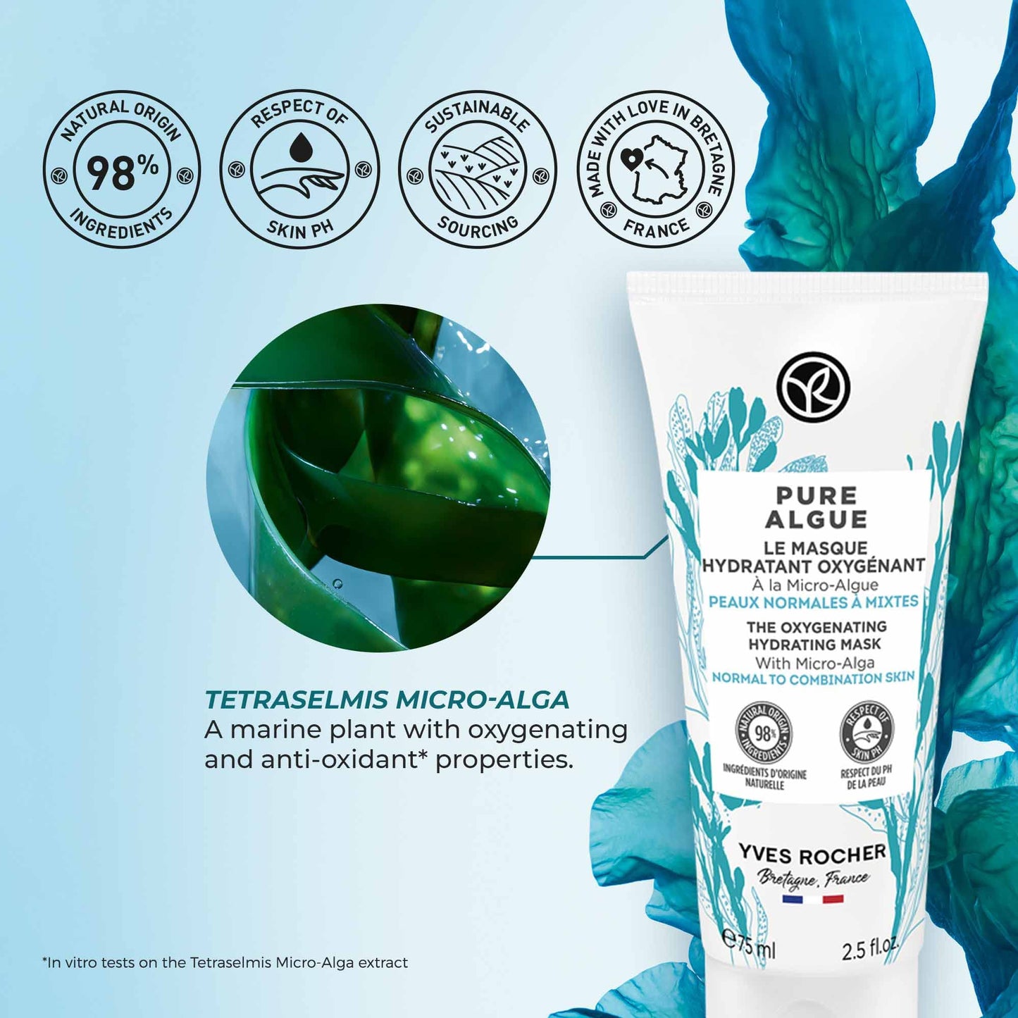 Yves Rocher The Oxygenating Hydrating Mask – Pure Algue | For Normal to Combination Skin | Moisturize & Revitalize | 2.5 fl oz
