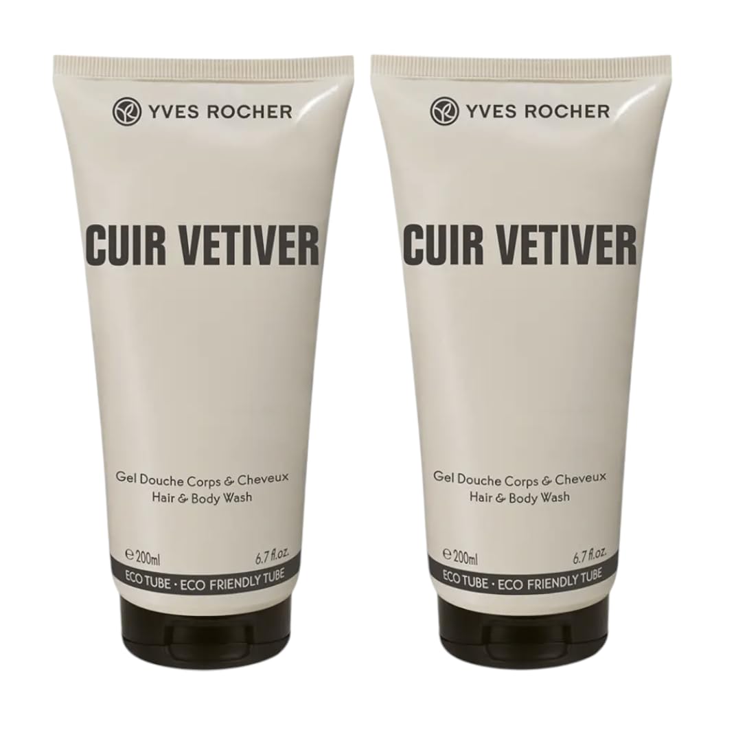 Yves Rocher Cuir Vetiver Shampoo Perfumed Shower Gel Men's All-in-One Cleansing Gentle Skin Daily Use Long-Lasting Fragrance Set of 2 Best Gift Kit - 200ml./6.7flOz