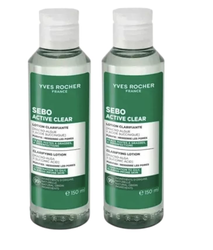 Yves Rocher Sebo Active Clear Anti-Imperfection Cleansing Tonic Lotion Women Day Care Hydration All Skin Types - 150 ml / 5 flOz Set of 2 Best Gift Kit