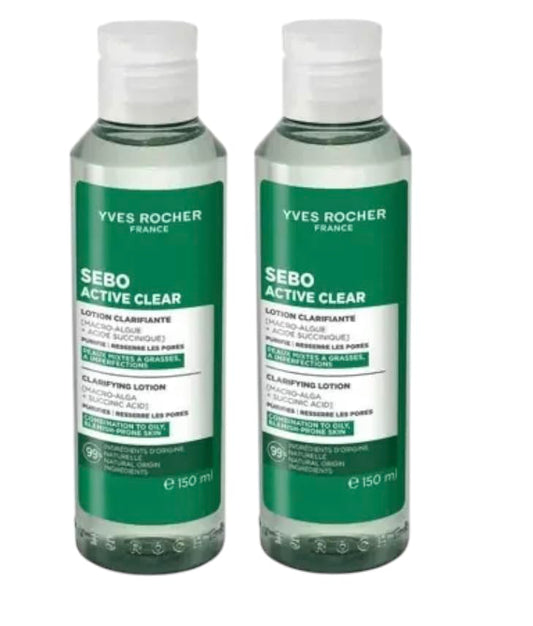 Yves Rocher Sebo Active Clear Anti-Imperfection Cleansing Tonic Lotion Women Day Care Hydration All Skin Types - 150 ml / 5 flOz Set of 2 Best Gift Kit