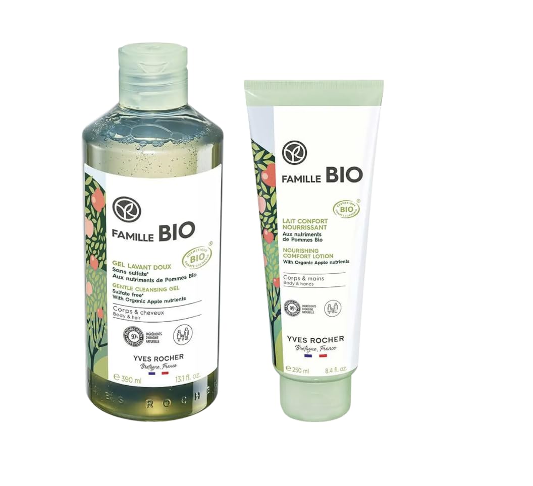 Yves Rocher Ultra-Nourishing Milk for Body & Hands Soft Cleansing Gel for Body & Hair Set of 2 - Deep Hydration Fast-Absorbing Moisturizing for Soft Skin – 250 ml / 8.4 fl oz / 390ml / 13.2 fl oz