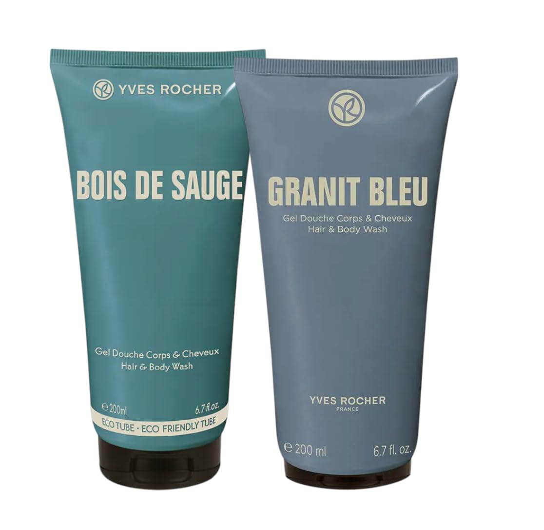 Yves Rocher Granit Bleu and Bois de Sauge Perfumed Body & Hair Gel for Men – Refreshing Woody Marine Scent Cleansing Shower Gel All-in-One Hair Daily Use Set of 2-200 ml / 6.7 fl oz