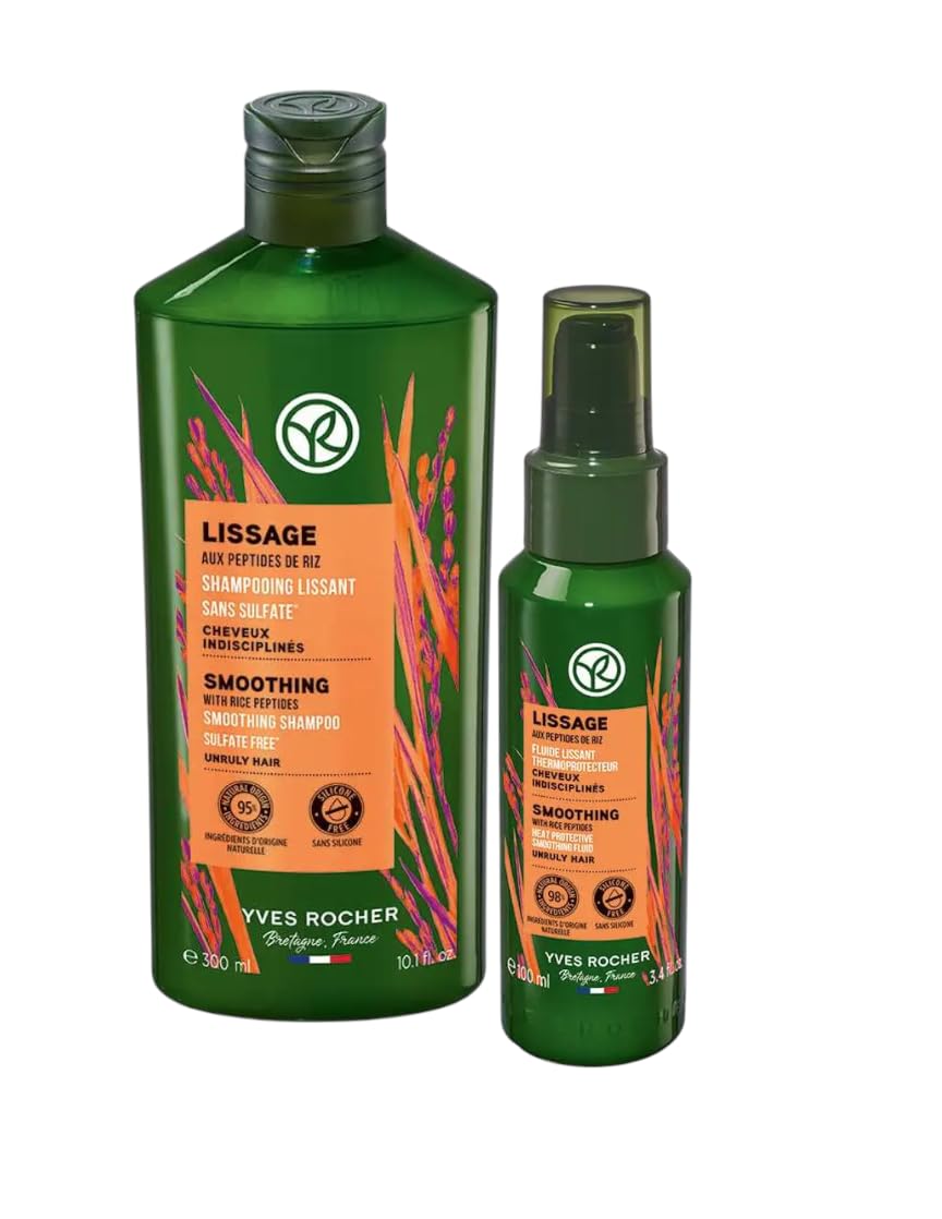 Yves Rocher Smoothing Shampoo with Rice Peptides and Hair Spray for Unruly Hair Women Unisex Day Care - 300 ml./10.1 100 ml./3.3 fl.oz.