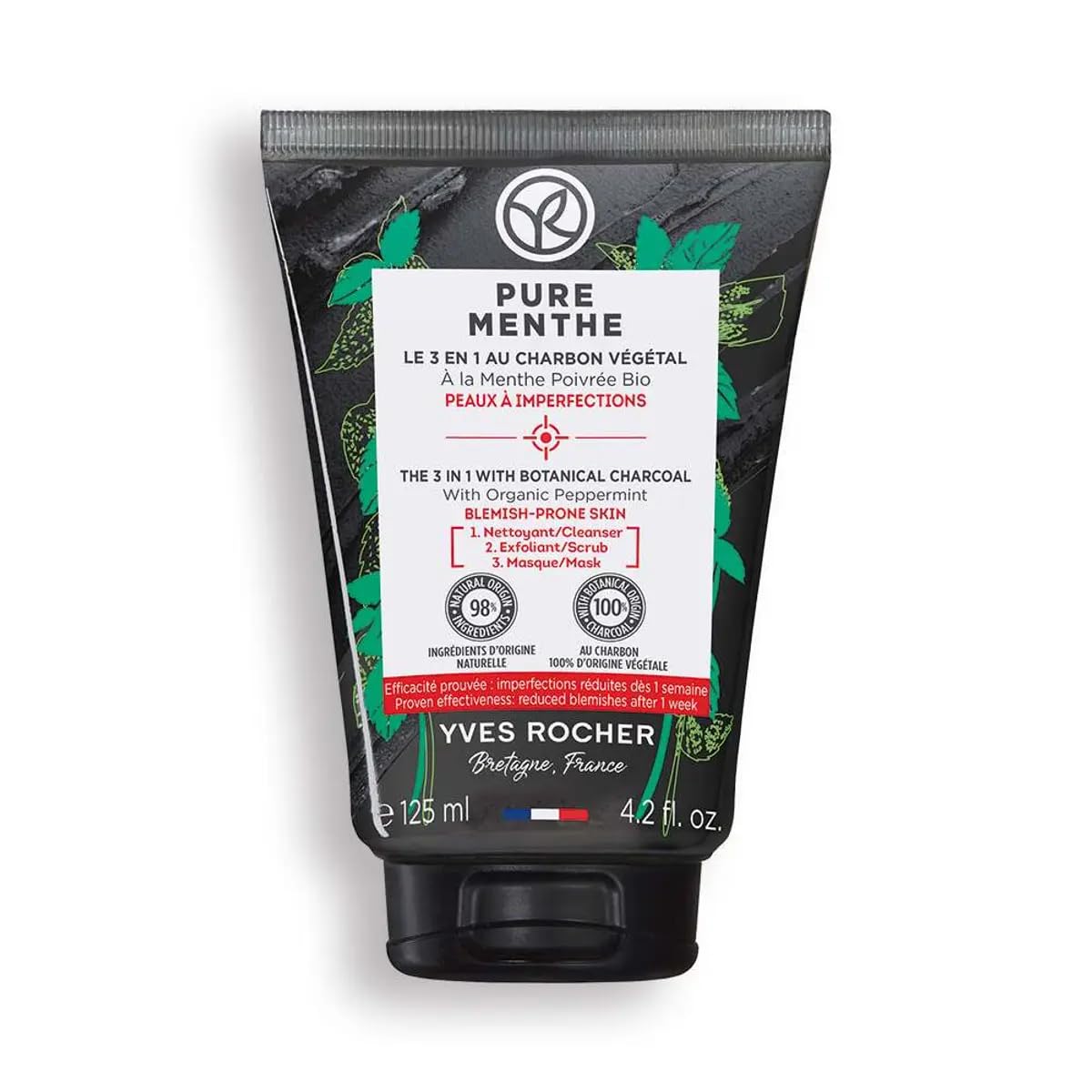 Yves Rocher 3-in-1 Cleanser for Matte Skin with Charcoal & Mint – Purifying Face Wash, Scrub & Mask, Reduces Imperfections in 1 Week – Deep Cleansing for Oily & Acne-Prone Skin – 125ml / 4.2 flOz