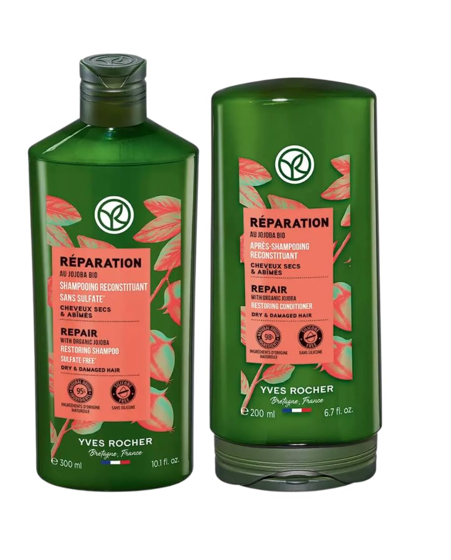 Yves Rocher Shampoo and Conditioner Set of 2 Nourishing & Restoring Jojoba Oil Deep Hydration & Repair – Silicone-Free - 300 ml / 10.1 fl oz 200 ml./6.7 fl.oz.