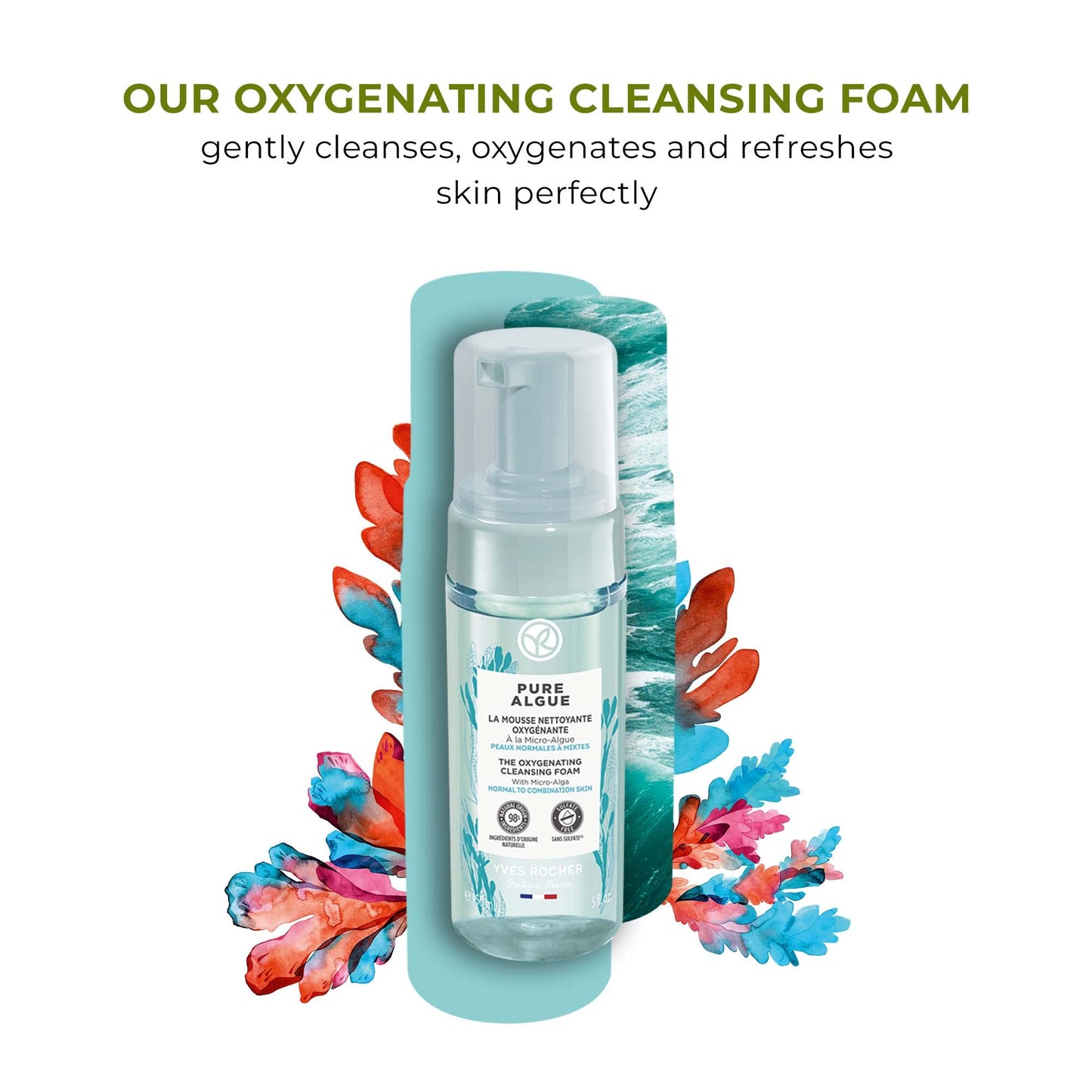 Yves Rocher Oxygenating Cleansing Foam for Normal to Combination Skin – Pure Algue – 5 Oz – 1 Ct