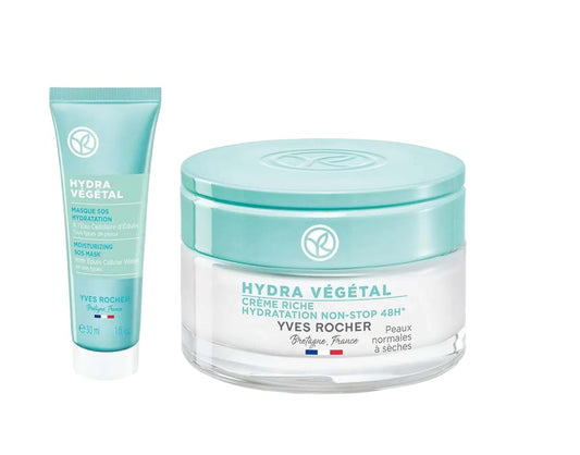 Yves Rocher Hydra Vegetal SOS Face Mask Deep Skin Moisturising 48h Non-Stop Hydration Cream Set of 2-50 ml./1.7 fl.oz. and 30 ml./1 fl.oz.