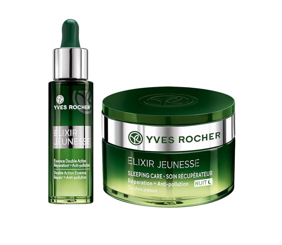 Yves Rocher Elixir Jeunesse Sleeping Care Repair Anti-pollution Night Cream Double Action Essence Reparation Serum All skin Types Set of 2-50 ml./1.7 fl.oz. 30 ml./1 fl.oz.