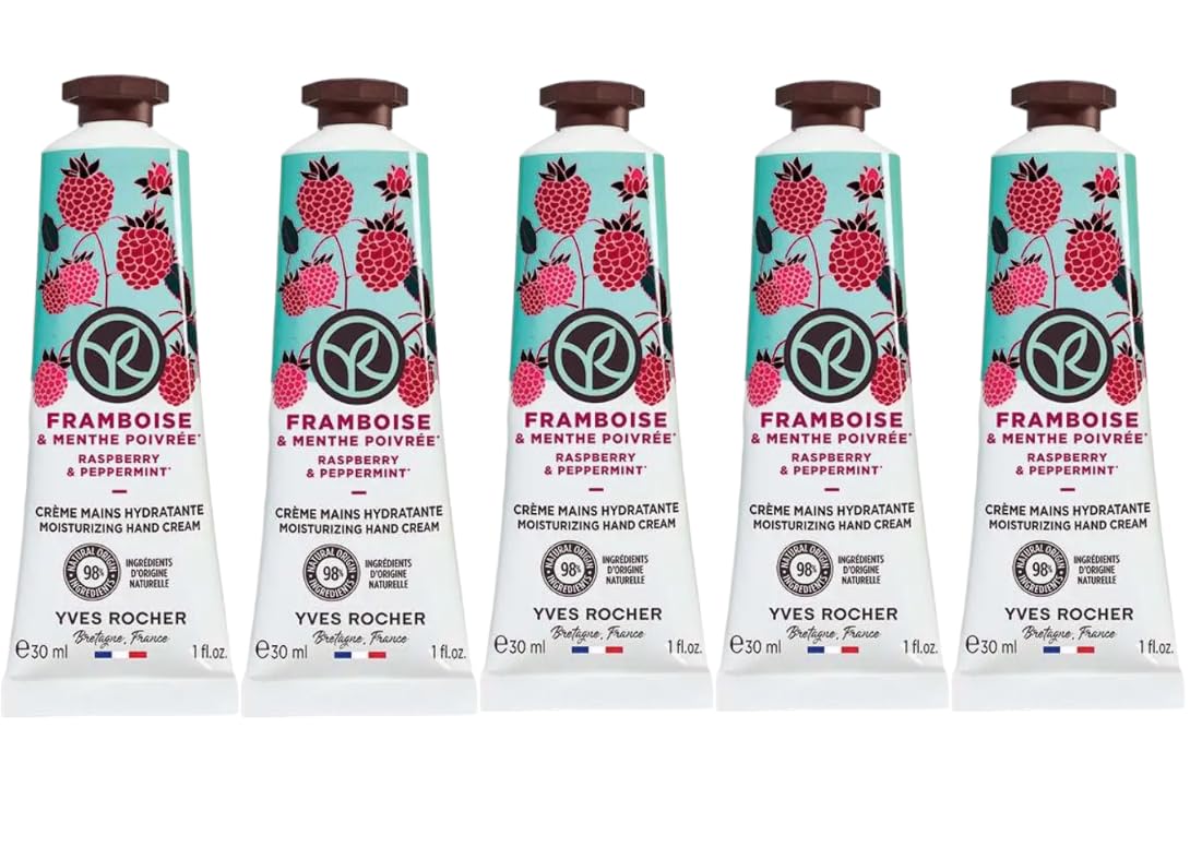 Yves Rocher Moisturizing Raspberry and Peppermint Hand Cream Set of 5 Tubes - 30 ml. / 1 fl.oz.