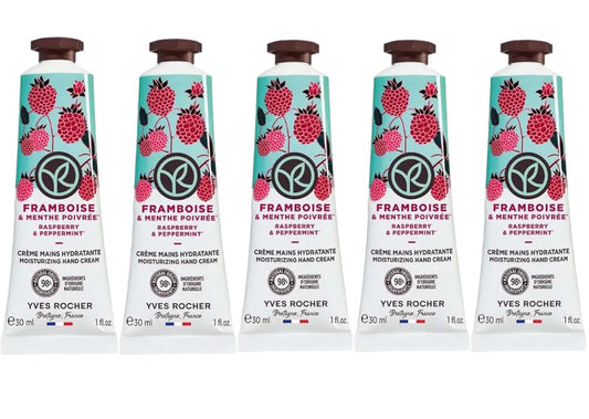 Yves Rocher Moisturizing Raspberry and Peppermint Hand Cream Set of 5 Tubes - 30 ml. / 1 fl.oz.