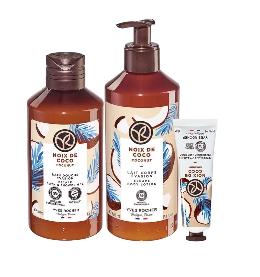 Yves Rocher Coconut Nourishing Shower Gel Body Nourishing Milk Perfumed Hand Cream Women Men Day Care 200 ml./6.7fl.oz. 390 ml./13.2 fl.oz. 30 ml./1 fl.oz. Set of 3 Best Gift Kit