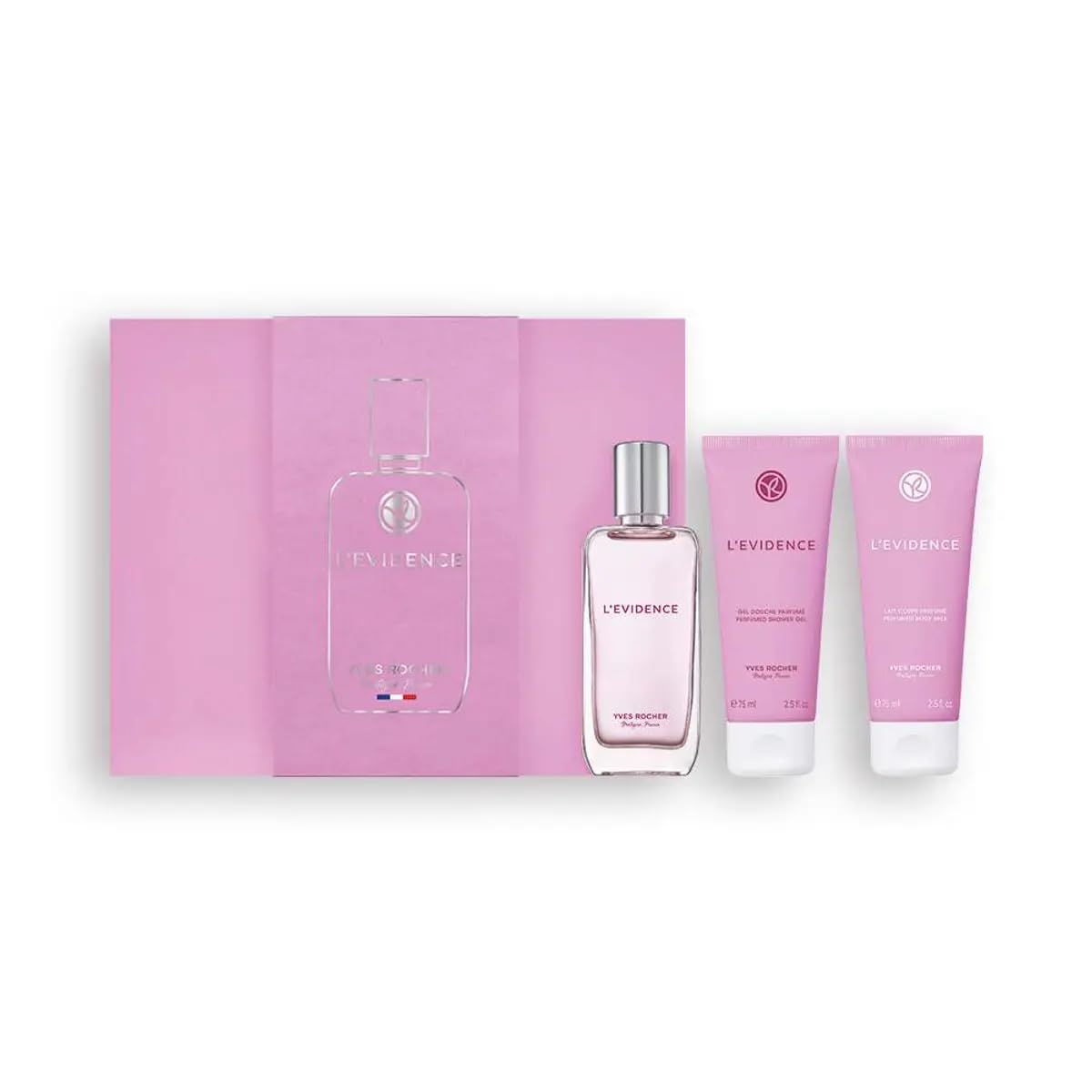Yves Rocher L'Évidence Perfume for Women Long Lasting Fragrance Shower Gel and Body Milk Set of 3-50 ml./1.7 fl.oz. 75 ml./2.5 fl.oz.