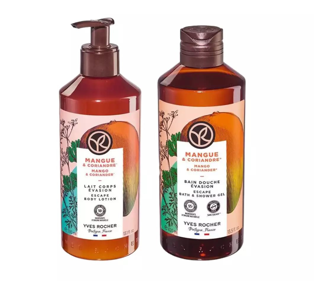 Yves Rocher Mango Coriander Gel, Body Lotion Gift Kit Bath & Body Routine Set 13.5 fl.oz.