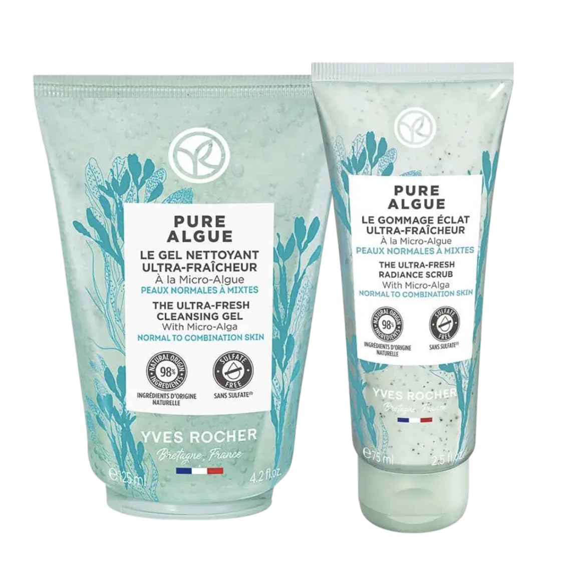 Yves Rocher Pure Algue Ultra-Fresh Facial Scrub and Ultra Fresh Cleansing Gel Nourishing Moisturizing Set of 2 Best Gift Kit- 75 ml. / 2.5 fl.o and 125 ml./4.2 fl.oz.