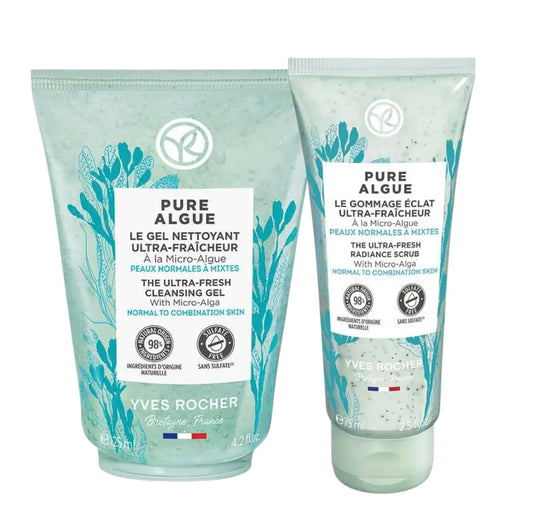 Yves Rocher Pure Algue Ultra-Fresh Facial Scrub and Ultra Fresh Cleansing Gel Nourishing Moisturizing Set of 2 Best Gift Kit- 75 ml. / 2.5 fl.o and 125 ml./4.2 fl.oz.