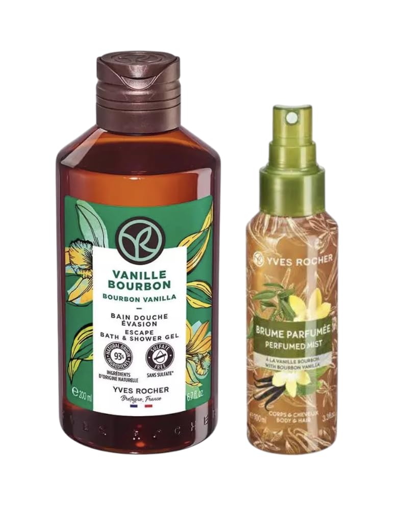 Yves Rocher Bourbon Vanilla Nourishing Shower Gel Bath & Body Routine and Perfumed Body Spray Mist Set of 2 Women Men Day Care 200 ml./6.7fl.oz. 100 ml./3.3 fl.oz. Best Gift Kit