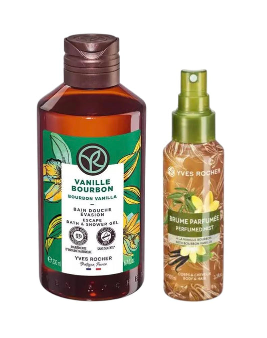 Yves Rocher Bourbon Vanilla Nourishing Shower Gel Bath & Body Routine and Perfumed Body Spray Mist Set of 2 Women Men Day Care 200 ml./6.7fl.oz. 100 ml./3.3 fl.oz. Best Gift Kit