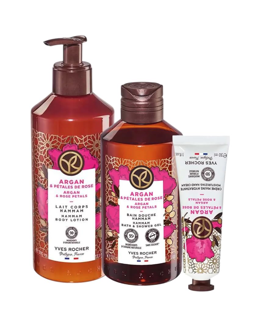 Yves Rocher Moisturising Argan and Rose Petals Shower Gel Body Nourishing Milk Perfumed Hand Cream Women Men Day Care 200 ml./6.7fl.oz. 390 ml./13.2 fl.oz. 30 ml./1 fl.oz. Set of 3 Best Gift Kit