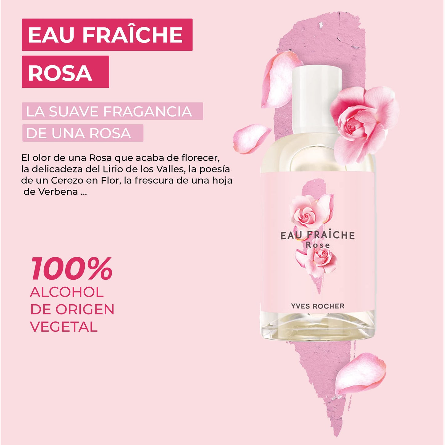 Yves Rocher EAU FRAICHE COLLECTION Rose EDT Spray for Women, Fragrance Fresh Scent Delicately, 100 ml./3.3 fl.oz.