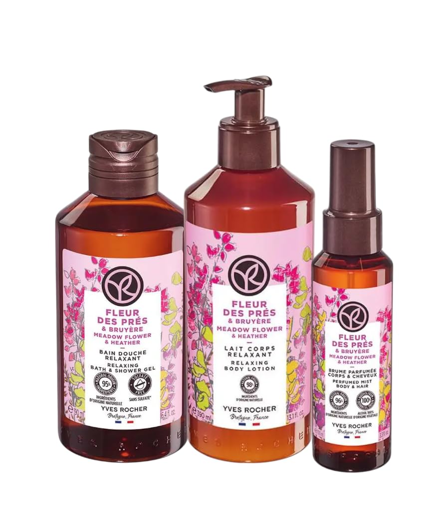 Yves Rocher Meadow Flowers & Hether Shower Gel Body Nourishing Milk Perfumed Spray Mist Women Day Care 200 ml./6.7fl.oz. 390 ml./13.2 fl.oz. 100 ml./3.3 fl.oz. Set of 3 Best Gift Kit