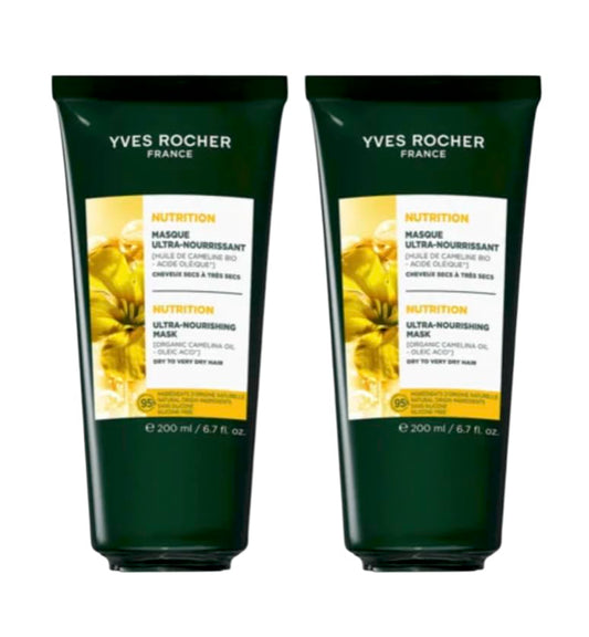 Yves Rocher Intensively Nourishing Hair Mask Camelina Oil All Hair Types 200 ml./ 6.7 fl.oz Set of 2 Best Gift Kit