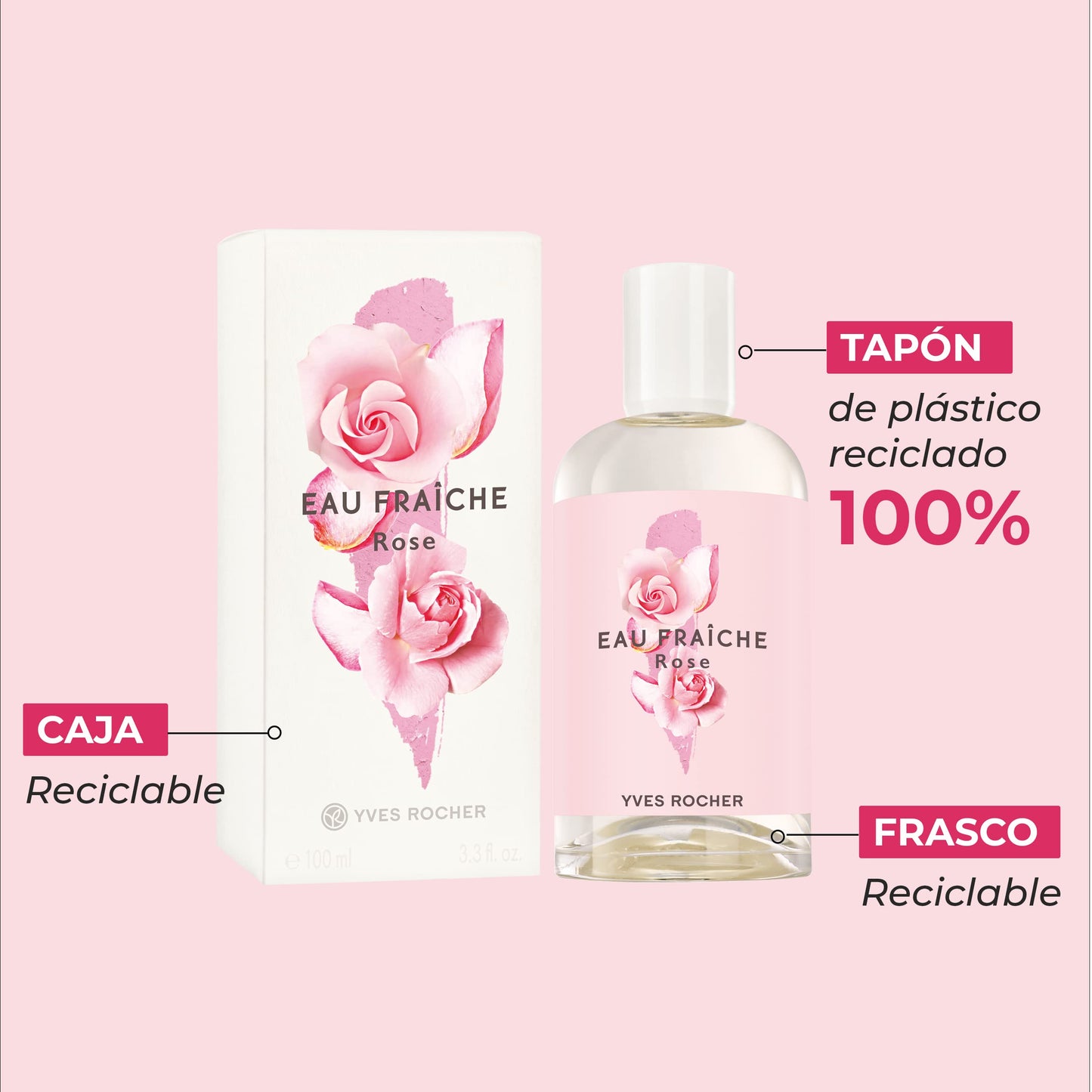 Yves Rocher EAU FRAICHE COLLECTION Rose EDT Spray for Women, Fragrance Fresh Scent Delicately, 100 ml./3.3 fl.oz.