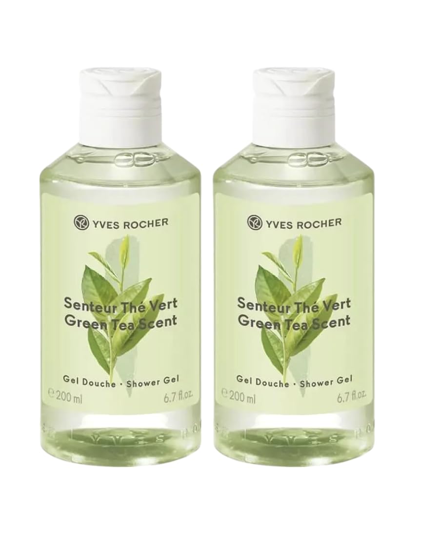 Yves Rocher Green Tea Scent Perfumed Shower Gel Nourishing Moisturizing Body - 200 ml./6.7 fl.oz. Set of 2 Best Gift Kit
