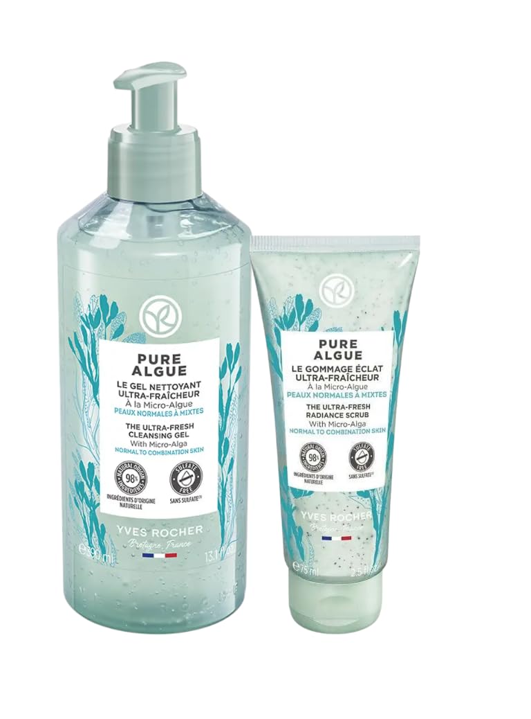Yves Rocher Pure Algue Ultra Fresh Cleansing Gel and Scrub Micro Algae Set of 2-390 ml. /13.1 fl.oz. and 75 ml./2.5 fl.oz.