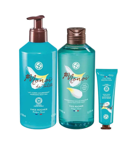 Yves Rocher Monoï de Tahiti Monoi Moisturizing Body Hair Gel Milk and Hand Cream Set of 3 Coconut and Tiare Scent All Skin Types 390 ml./13.1 fl.oz.400 ml./13.5 fl.oz.30 ml./1 fl.oz.