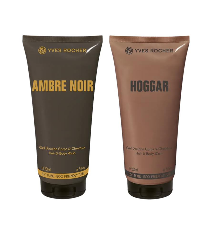 Yves Rocher Ambre Noir and Hoggar Perfumed Shower Gel Set of 2 Shampoo Men's All-in-One Cleansing Daily Use Long-Lasting Fragrance Best Gift Kit - 200ml./6.7flOz