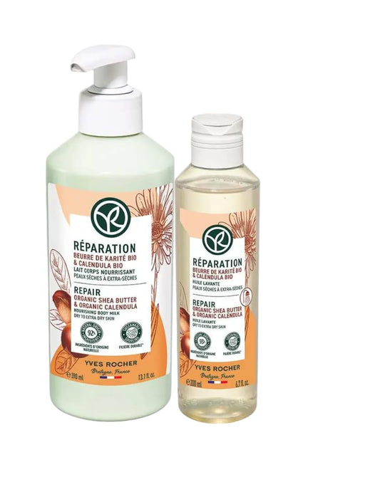 Yves Rocher Nourishment and Recovery Set of 2 with Karite Regenerating Milk and Nourishing Revitalizing Shower Oil Shea Butter Women Men - 390 ml./13.1 fl.oz. and 200 ml./6.7 fl.oz.