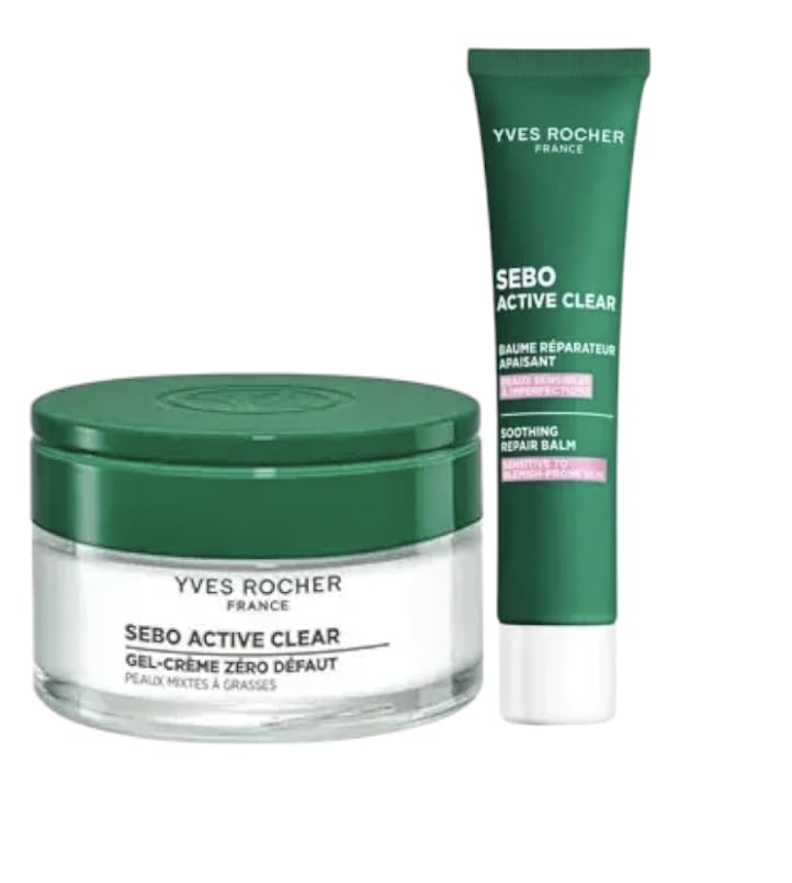 Yves Rocher Sebo Active Clear Anti-Imperfection Gel-Cream and Regenerating Soothing Balm Tightens Pores Lightweight Hydration All Skin Types Set of 2-50 ml / 1.7 flOz 40 ml./1.4 fl.oz.