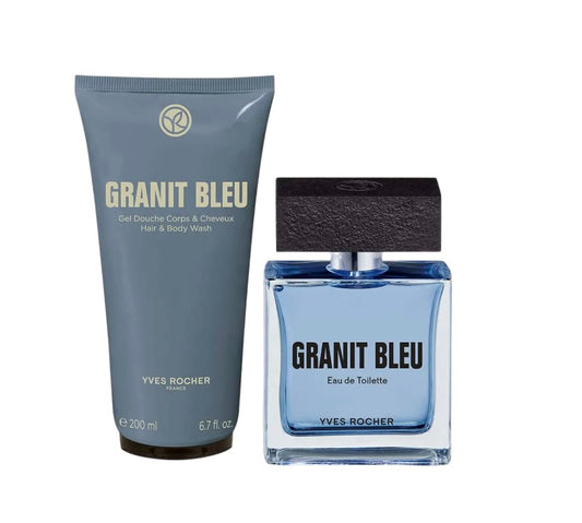 Yves Rocher Granit Bleu Eau de Toilette for Men Long Lasting Fragrance and Perfumed Nourishing Gel 50 ml./1.7 fl.oz. 200 ml./6.7 fl.oz.