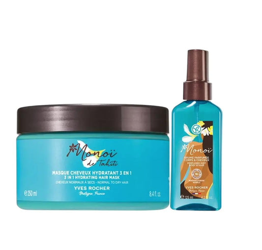 Yves Rocher Monoï de Tahiti Monoi 3 in 1 Moisturizing Hair Mask Night Care Conditioner Perfumed Spray All Hair Skin Types Set of 2-250 ml./8.4 fl.oz. 125 ml./4.2 fl.oz.
