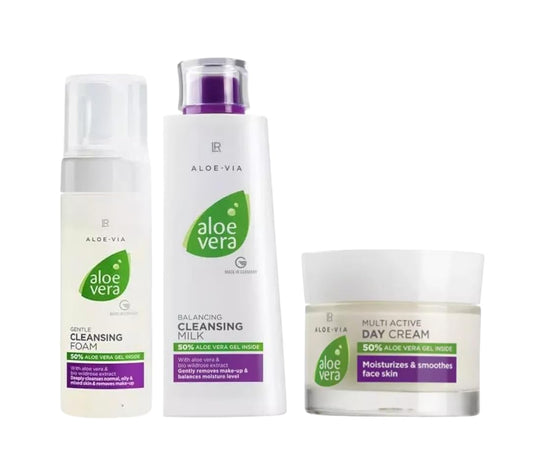 LR Health&Beauty Aloe-Via Aloe Vera Multi Active Day Face Cream Cleansing Foam and Balancing Milk Smoothing Skin Set of 3-50 ml./1.7 fl.oz. 150 ml./5 fl.oz. and 200 ml./6.7 fl.oz.