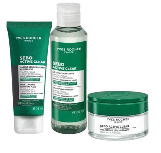 Yves Rocher Sebo Active Clear Anti-Imperfection Cleansing Tonic Lotion Pore-Cleansing Charcoal Mask and Gel Cream All Skin Types Set of 3-150 ml / 5 flOz 75 ml / 2.5 flOz 50 ml / 1.7 flOz