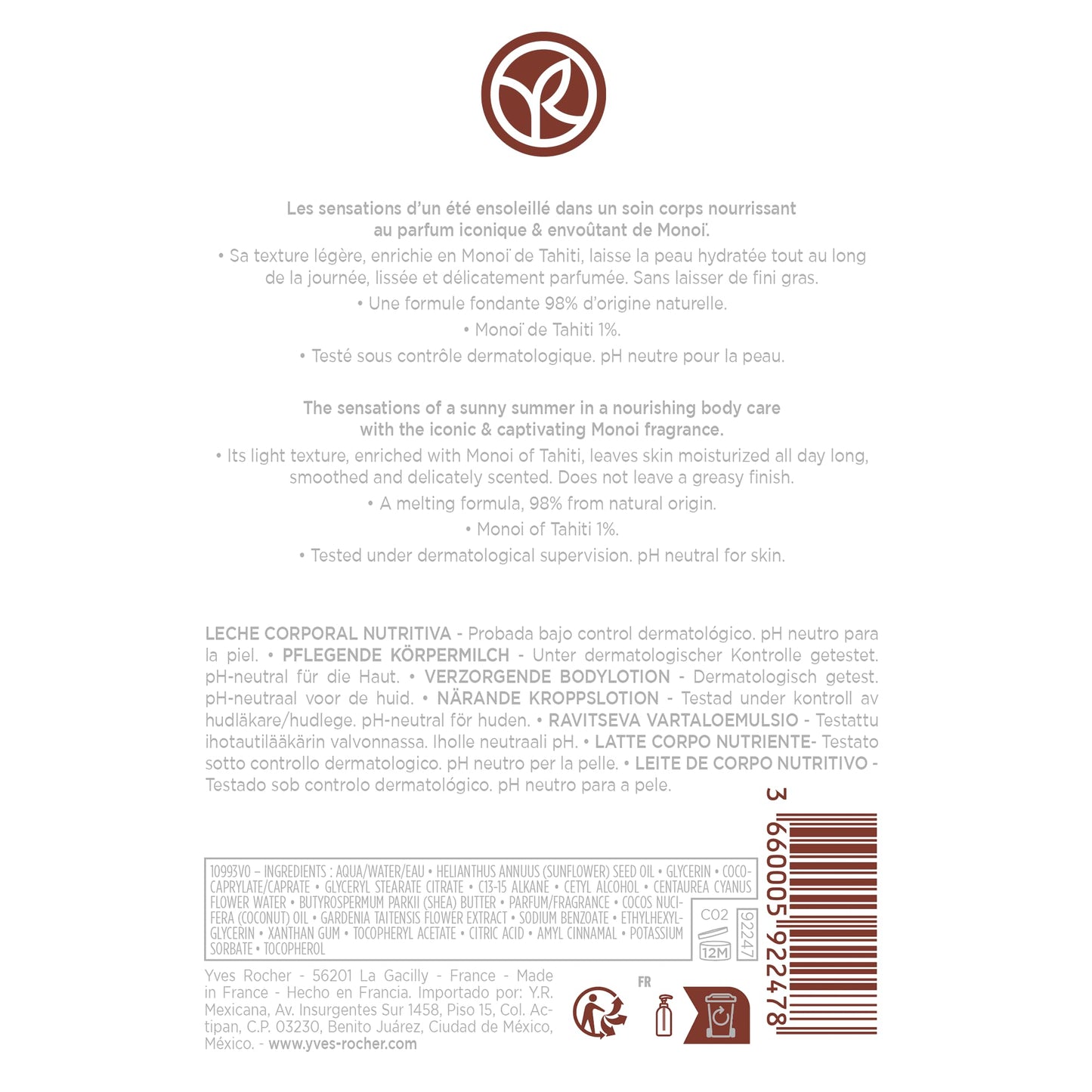 Yves Rocher Monoï de Tahiti Monoi Moisturizing Body Milk Coconut and Tiare Scent Lotion All Skin Types 390 ml./13.1 fl.oz.