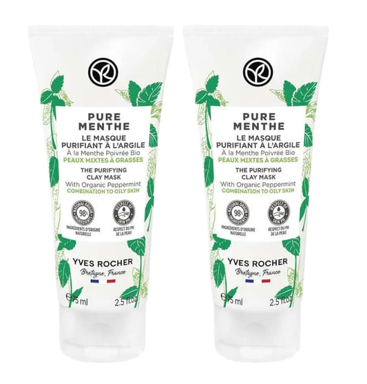 Yves Rocher Pure Menthe Purifying Clay Mask for Oily and Combination Skin Set of 2 Best Gift Kit - 75 ml./2.5 fl.oz.