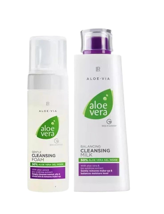 LR Health&Beauty Aloe-Via Aloe Vera Gentle Cleansing Foam and Balancing Milk Set of 2 for Face Day Care 150 ml./6.7 oz 200 ml./6.7 fl.oz. Best Gift Kit