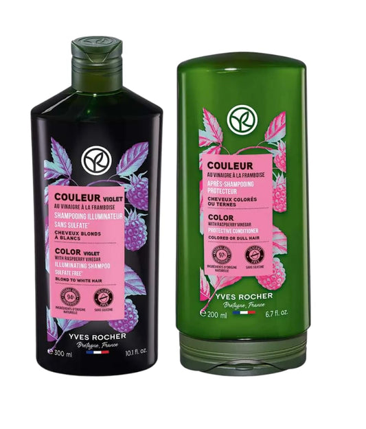 Yves Rocher Color Protection and Shine Dyed Hair Conditioner and Violet Tone Shampoo Set of 2-300 ml./10.1 fl.oz. and 200 ml./6.7 fl.oz.
