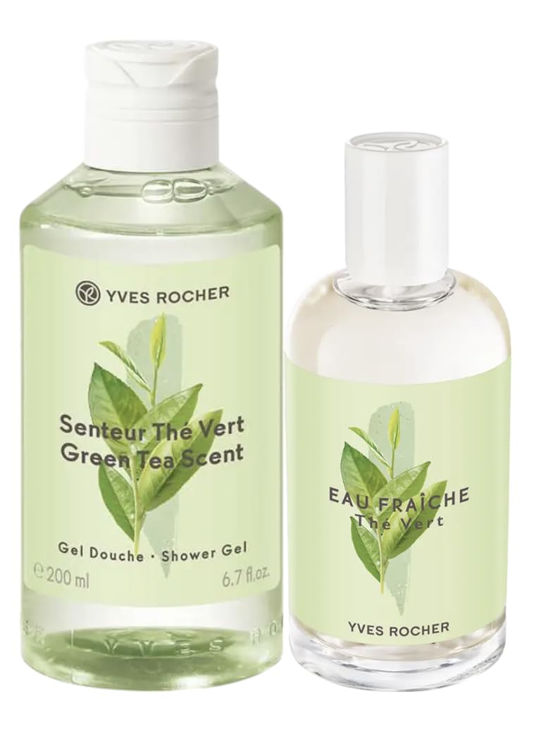 Yves Rocher Green Tea Scent Eau de Parfum and Shower Gel Set of 2 for Women Long Lasting Fragrance -100 ml./3.3.fl oz. and 200 ml./6.7 fl.oz.