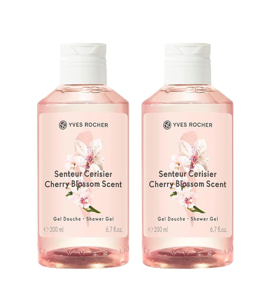 Yves Rocher Cherry Blossom Bloom Perfumed Shower Gel Nourishing Moisturizing Body - 200 ml./6.7 fl.oz. Set of 2 Best Gift Kit