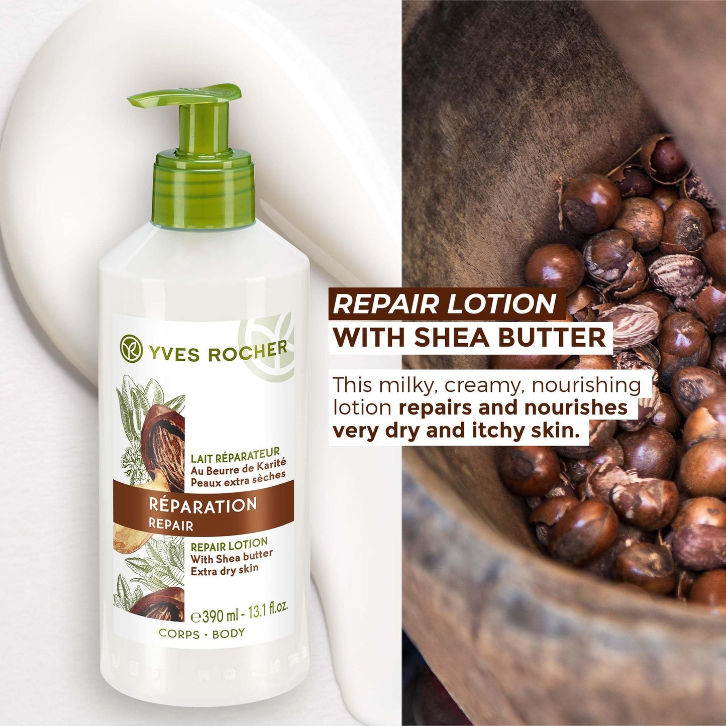 Yves Rocher Repair Lotion for Extra Dry Skin | Hand and Body Lotion to Repair & Nourish |13.1 fl oz