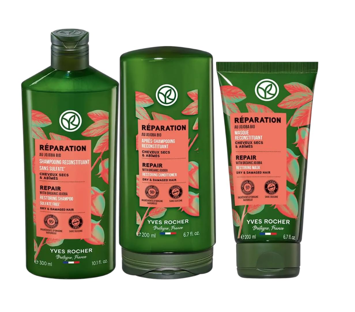 Yves Rocher Shampoo Conditioner and Mask Set of 3 Nourishing & Restoring Jojoba Oil Deep Hydration & Repair – Silicone-Free - 300 ml / 10.1 fl oz 200 ml./6.7 fl.oz.