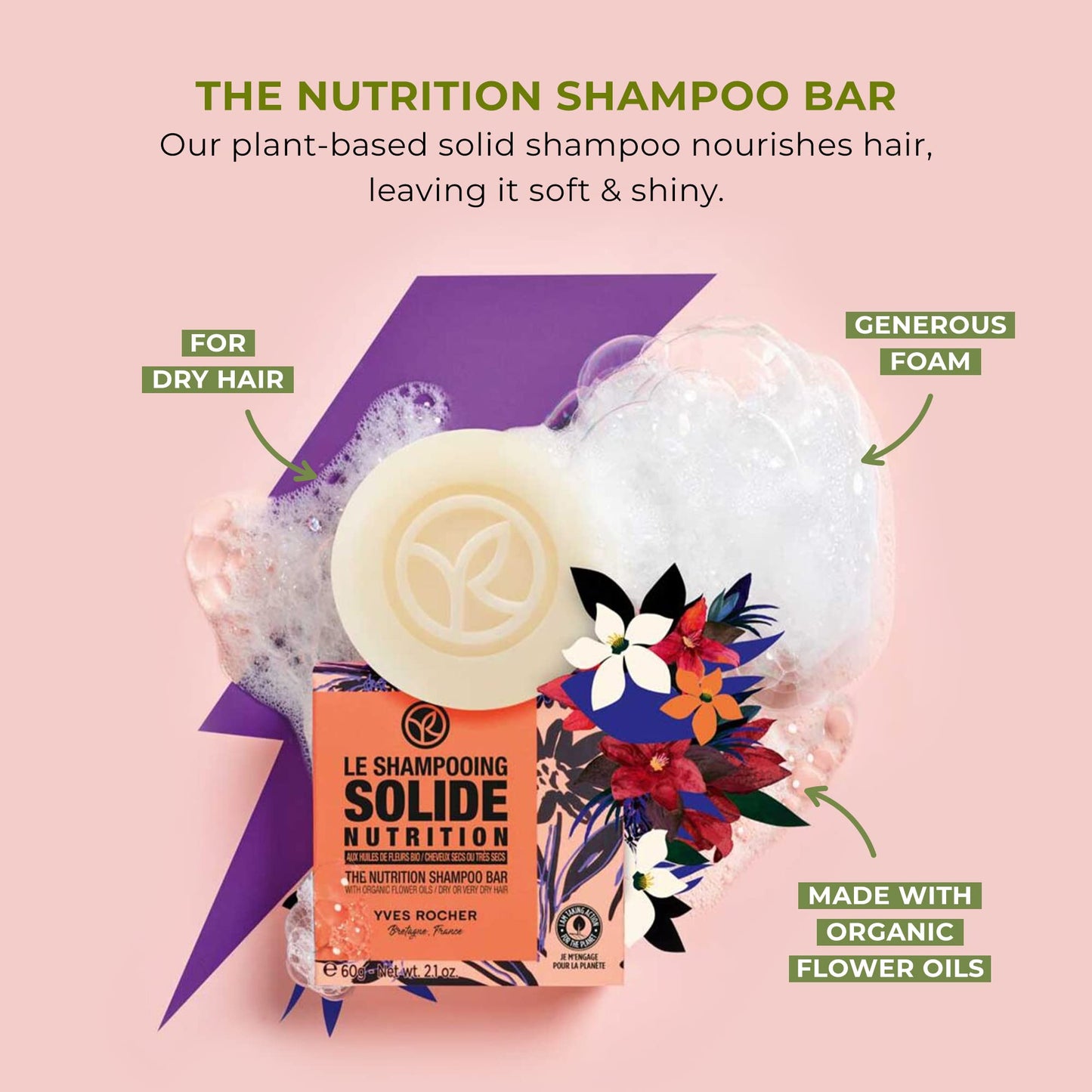 Yves Rocher The Nutrition Shampoo Bar ? Flower Oils ? Dry or Damaged Hair ? 60g ? 1 Ct